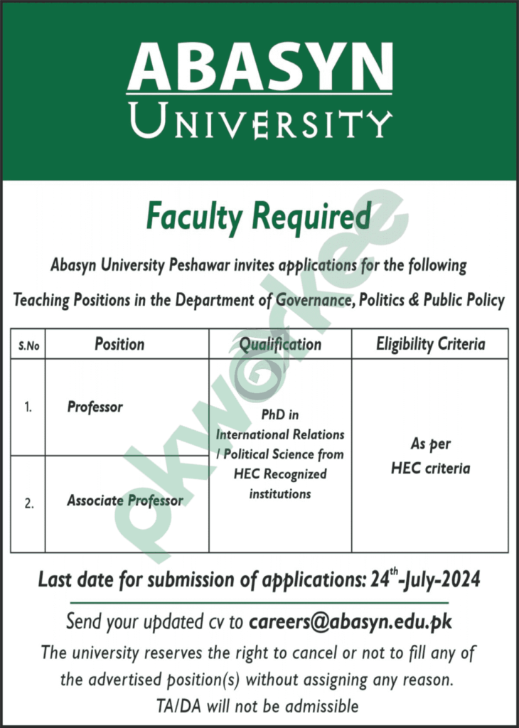 Abasyn University Peshawar Jobs 2024 - pkworkee