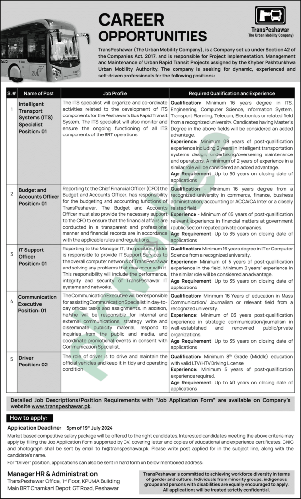 Latest TransPeshawar Jobs 2024 - pkworkee